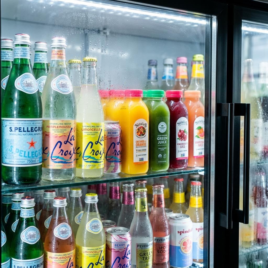Cold bottled drinks lined up in the market cooler
