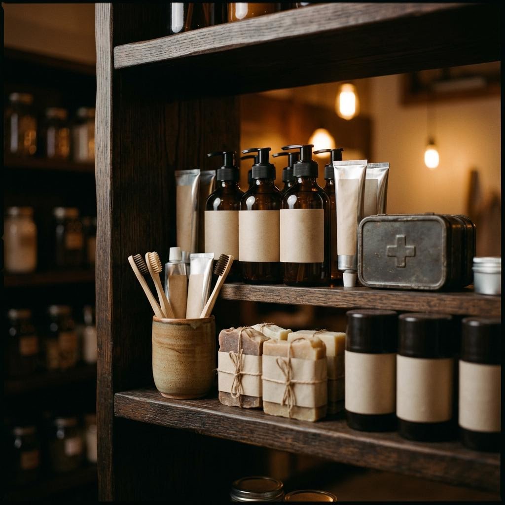 Personal care and health essentials on the shelf